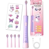 JTF Rechargeable Electric Toothbrush for Kids: 5 Gentle Modes for Ages 3+, Safe & Effective for Sensitive Teeth - with Fun DIY Stickers, 4 Soft Brush Heads, Children Sonic Toothbrush for Home & School