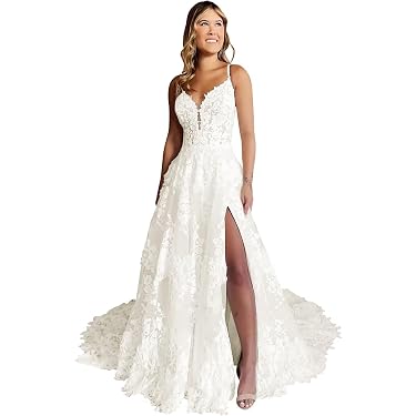 amazon wedding dresses Amazon.com: CAZSXIS Rose Lace Wedding Dresses for Bride Mermaid Bridal Gowns  for Wedding White Spaghetti Straps Beach 0 : Clothing, Shoes & Jewelry