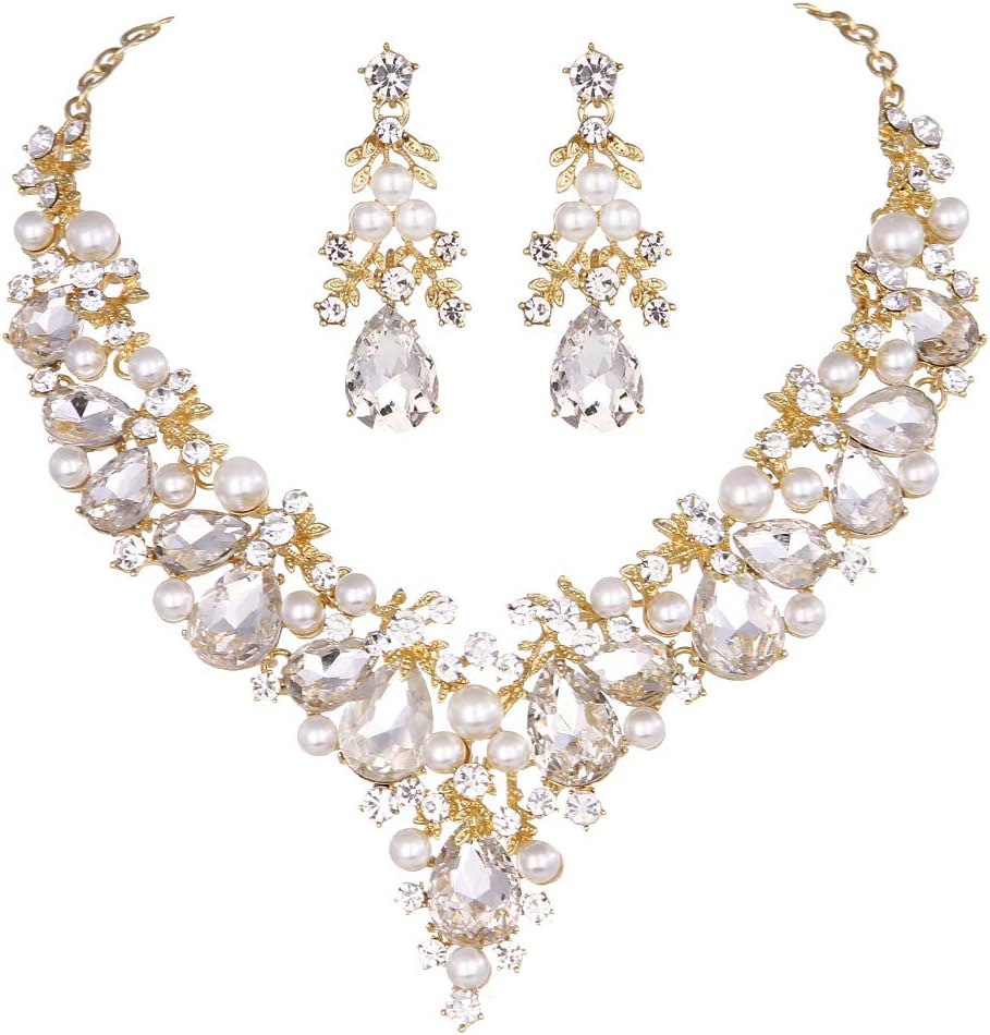 Youfir Bridal Rhinestone Simulated Pearl Necklace Earring Jewelry Set for Brides Wedding Party Dress