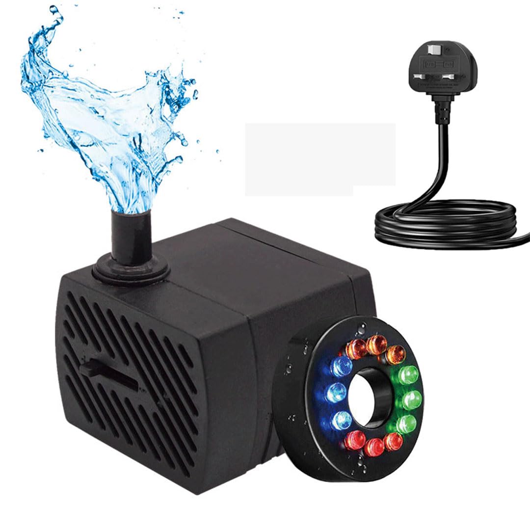 GERUI Small Water Feature Pump with 12 LED Lights, Small Submersible Water Pump 180L/H, 3W, Height of 0.55m, Adjustable Ultra Silent Water Pump for Fish Tank, Pet Fountain, Aquarium, Hydroponics