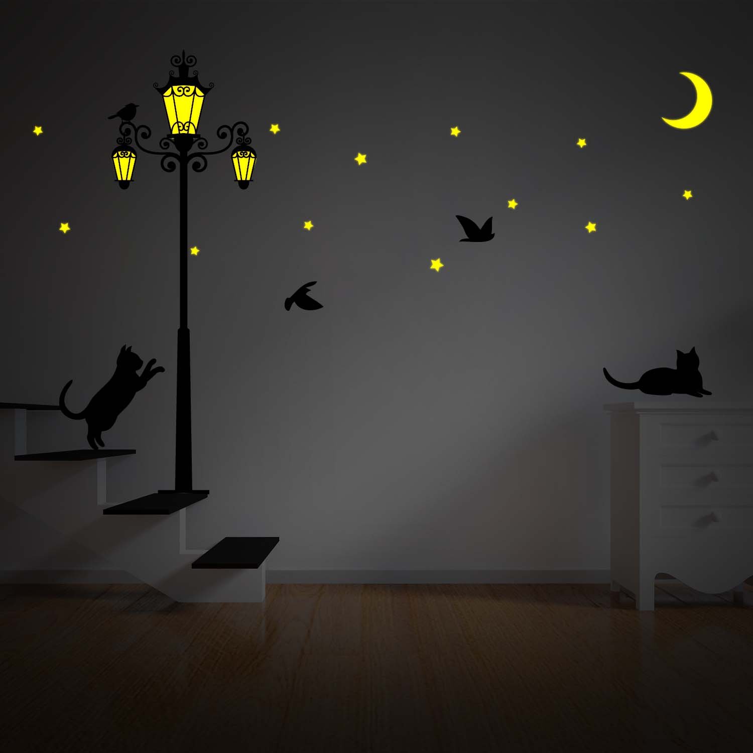 Walplus 220x120 cm Wall Stickers Street Light Glow in Dark Removable Self-Adhesive Mural Art Decals Vinyl Home Decoration DIY Living Bedroom Office Décor Wallpaper Kids Room Gift, Black