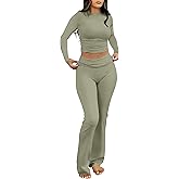 ANRABESS Women 2 Piece Outfits Fall Lounge Sets Long Sleeve Cropped Top Fold Over Flare Pants Comfy Pajamas Set Y2K Clothes