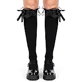 Xelsluthe Black Lace Knee High Socks with Bow, Lace Ruffle Trim Knee High Socks for Girls Women, Cotton Cute Soft Bow Stockings for Dress Skirts Shorts Sneakers Sock