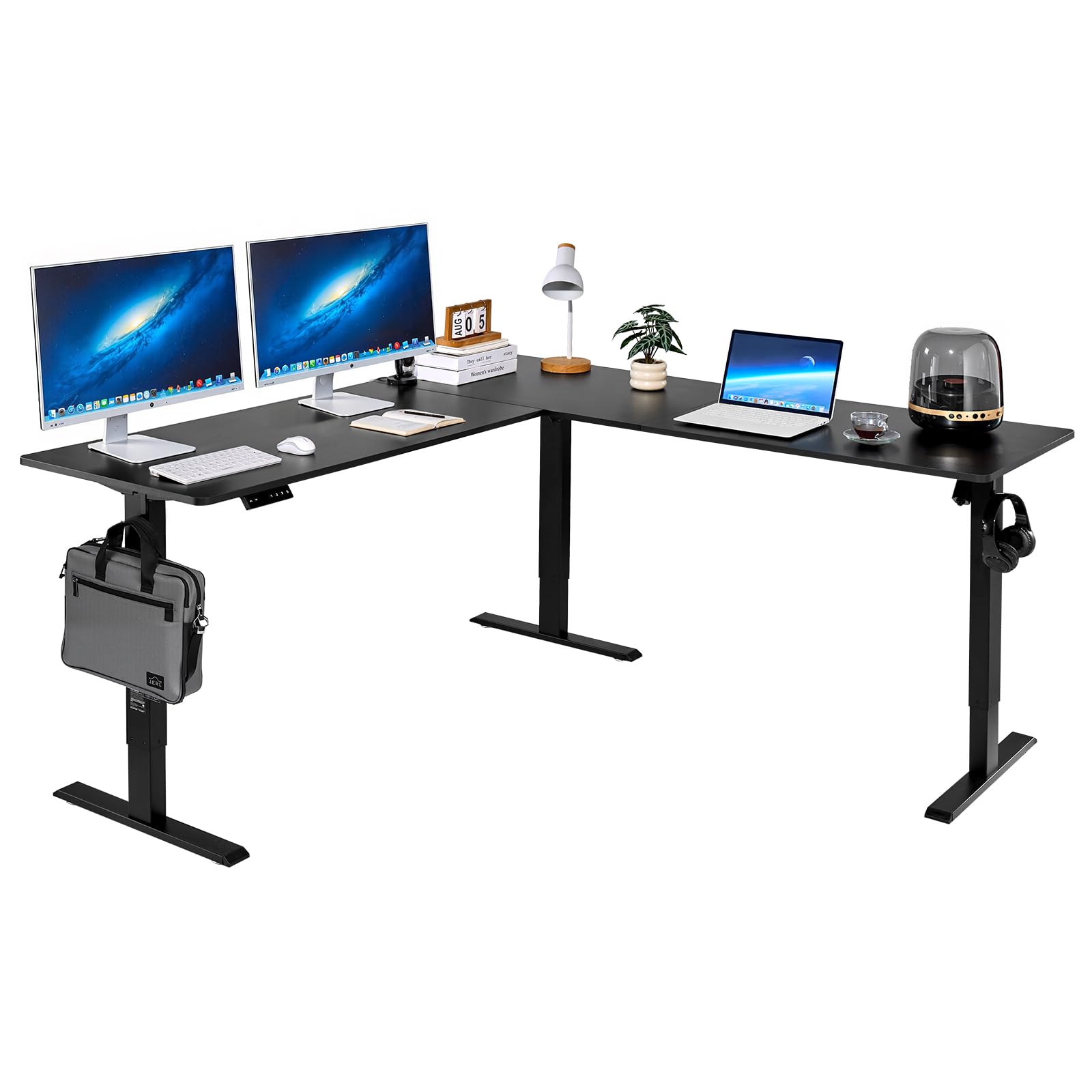 Photo 1 of **Missing Hardware, Motor, and leg pieces Also has Some damage to Desktop** VEVOR L Shaped Standing Desk 71 x 71 inch, 3 Memory Height Adjustable, Electric Corner Standing Desk with Dual Motor, 2 Hooks & Cable Hole, Heavy Duty Carbon Steel Sit Stand Compu