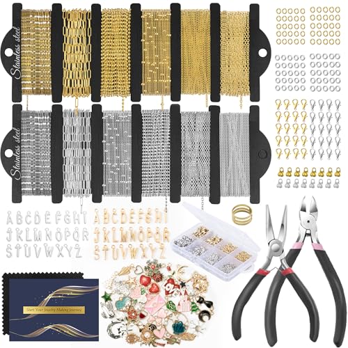 HUISUYTON 18K Gold Necklace Chain Kit for Jewelry Making, 59FT 12Rolls Bracelet Chains with Charms/Pliers/Jump Rings/Lobster Clasps Accessories for DIY Necklace Bracelet Making