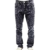Men's Floral Print Straight Leg Skinny Elastic Force Jeans, Black Gray Acid Wash Denim, Vintage Style Pattern