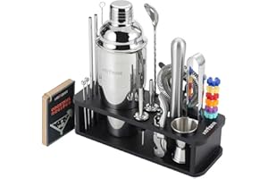 HMYBAR® 22-pc Cocktail Shaker Set(24oz/700ml) | Mixology Bartender Kit | Bar Tool Set | Martini Making Set with 39-Recipe Cocktail Cards & Kit's Deco, Bamboo Stand Black Color, Silver Tools