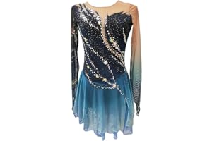 ARTSKATTING Figure Skating Dress,Girls Dark Blue Thumbhole Halo Dyeing Rhinestone Skating Performance Competition Wear Costume