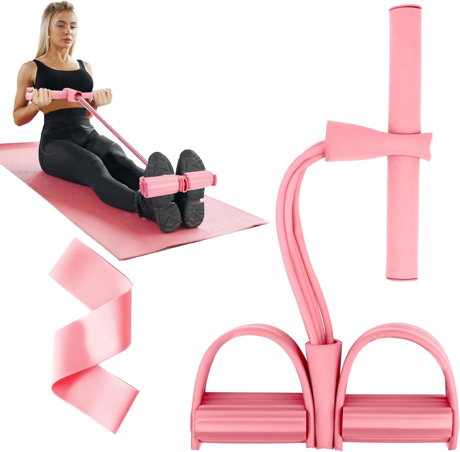 Flintronic Multifunction Resistance Training, 4 Tube Pedal Resistance Band, Sit-up Pull Rope Fitness, Tension Rope Sport Trainer, Tummy Trimmer, Home Gym Equipment for Women/Men, Pink