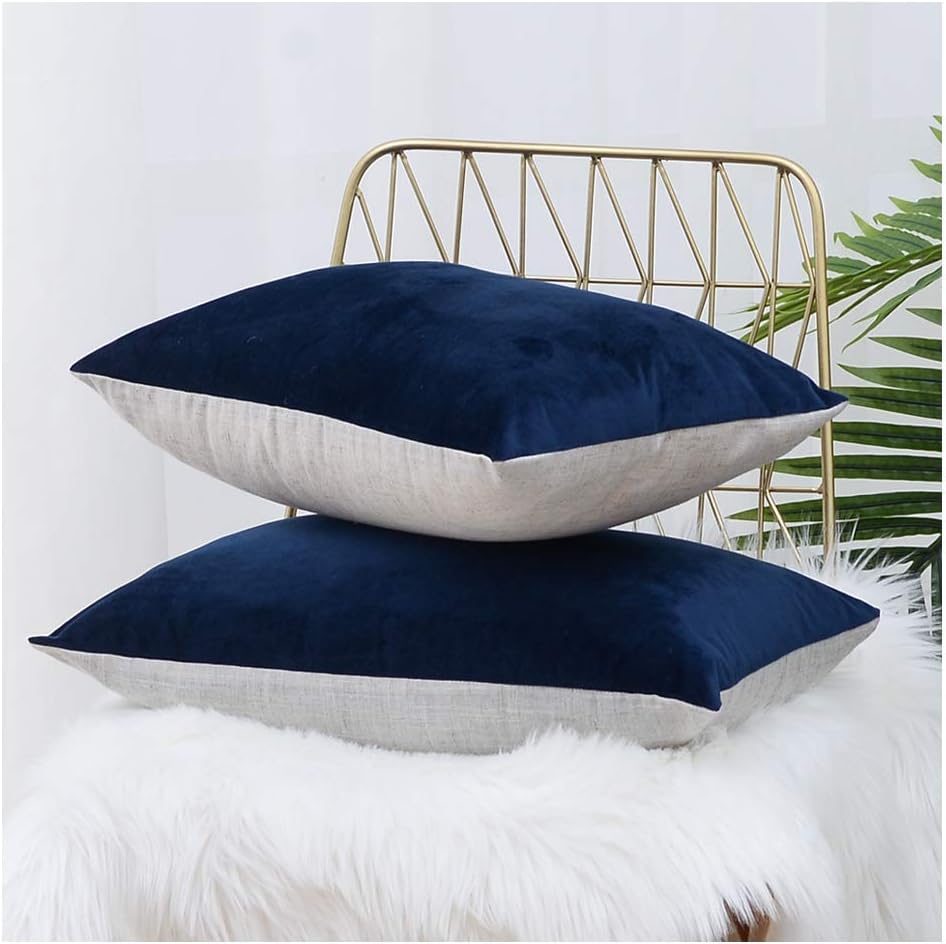 HPUK Reversible Throw Pillow Covers with Velvet and Linen 2 Pack 12 x 20 Inch for Sofa, Bedroom Cushion Cover, Navy