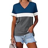 Minetom Women's Color Block/Solid Tops Short Sleeve V Neck T Shirts Summer Casual Tees