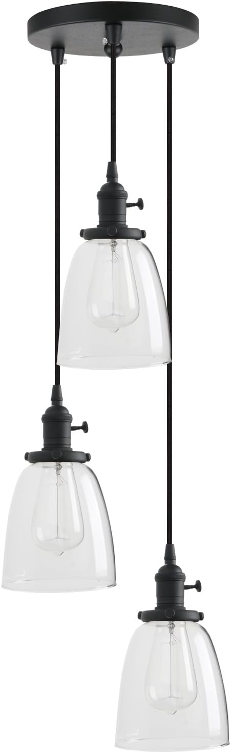 PathsOn Industrial Modern Vintage Edison Triple Pendant Lights Retro Lamp Flush Ceiling Light 3 Lights Hanging Light Fittings Chandelier for Loft Bar Living Room Dining Room (Black)