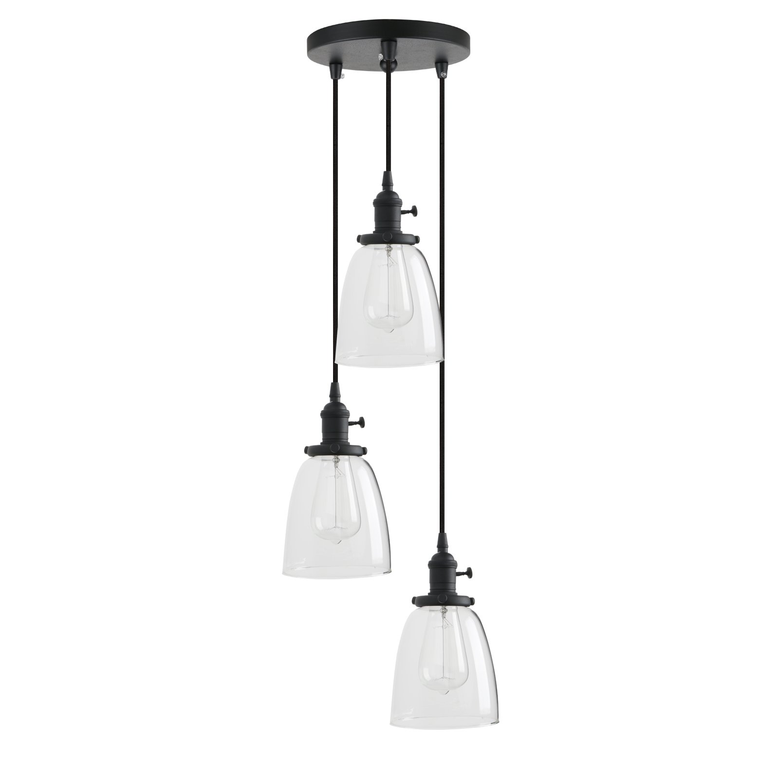 PathsOn Industrial Modern Vintage Edison Triple Pendant Lights Retro Lamp Flush Ceiling Light 3 Lights Hanging Light Fittings Chandelier for Loft Bar Living Room Dining Room (Black)