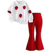 Arlubiya Girls 2 Piece Outfits 3D Strawberry Round Neck Long Sleeve Top+Solid Color Flared Pants Outfits Set Size 4-8 Years