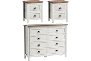 SINROM 3-Piece Dresser Bedroom Set, Farmhouse 8 Drawer Dresser & 2 Drawer Nightstands Set of 2, Chest of Drawers and Night Stand, 3 Pcs Bedroom Furniture Set