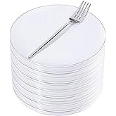 Rubtlamp 100Pcs Plastic Dessert Plates 7.5inch,100Pcs Disposable Silver Forks,White Plastic Plates With Silver Rim, Small Plastic Plates,Dessert Plates With Forks for Appetizer Cake
