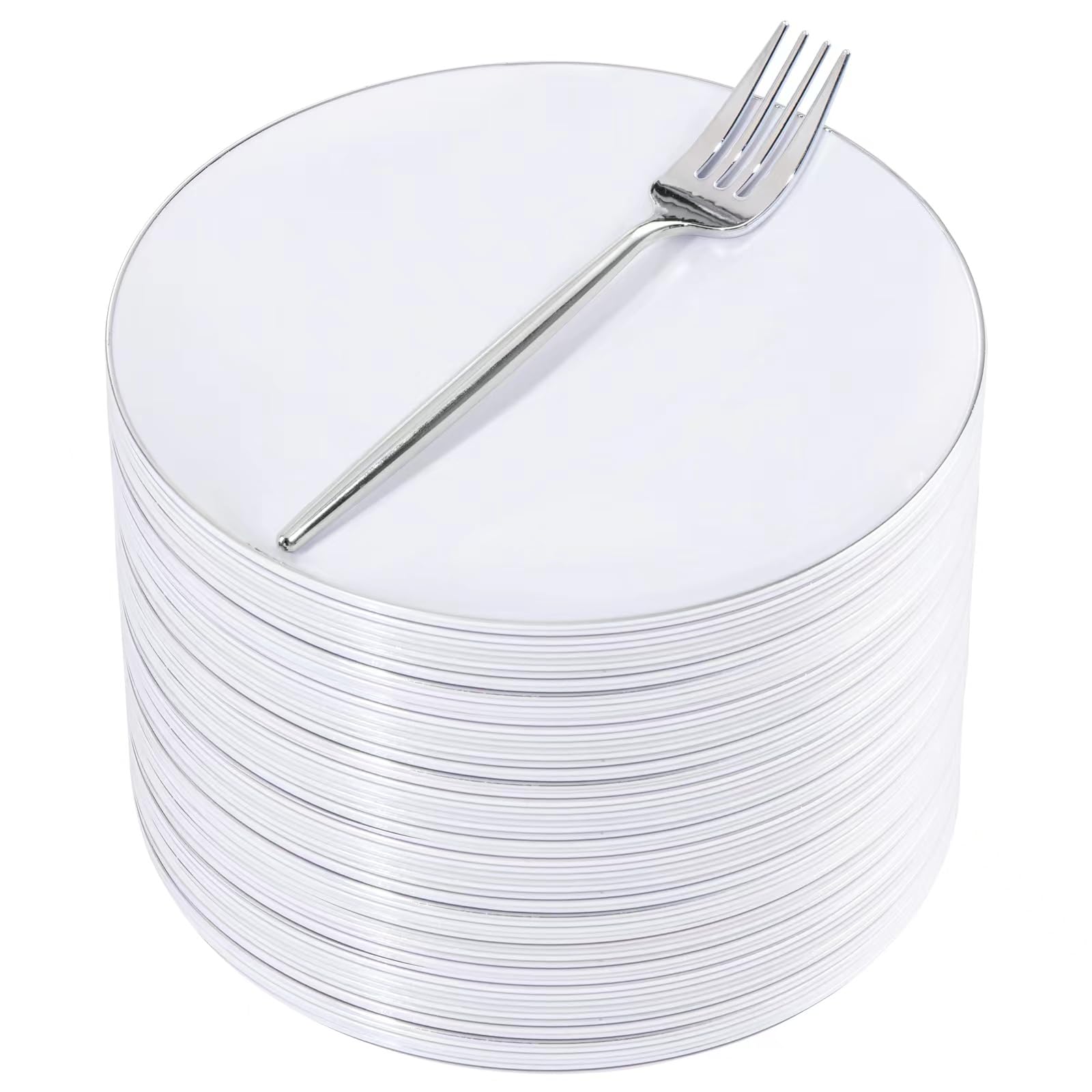 Photo 1 of Rubtlamp 100Pcs Silver Plastic Dessert Plates 7.5inch,100Pcs Disposable Silver Forks,White Plastic Plates With Silver Rim, Small Plastic Plates,Dessert Plates With Forks for Appetizer Cake