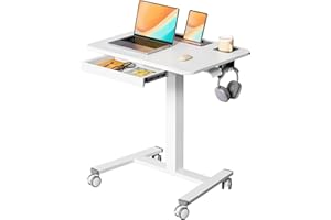 JYLH JOYSEEKER Mobile Standing Desk with Drawer, 28" Rolling Desk with Cup Holder and Hooks, Portable Laptop Cart on Wheels, Height Adjustable Workstation with Storage for Home Office, White