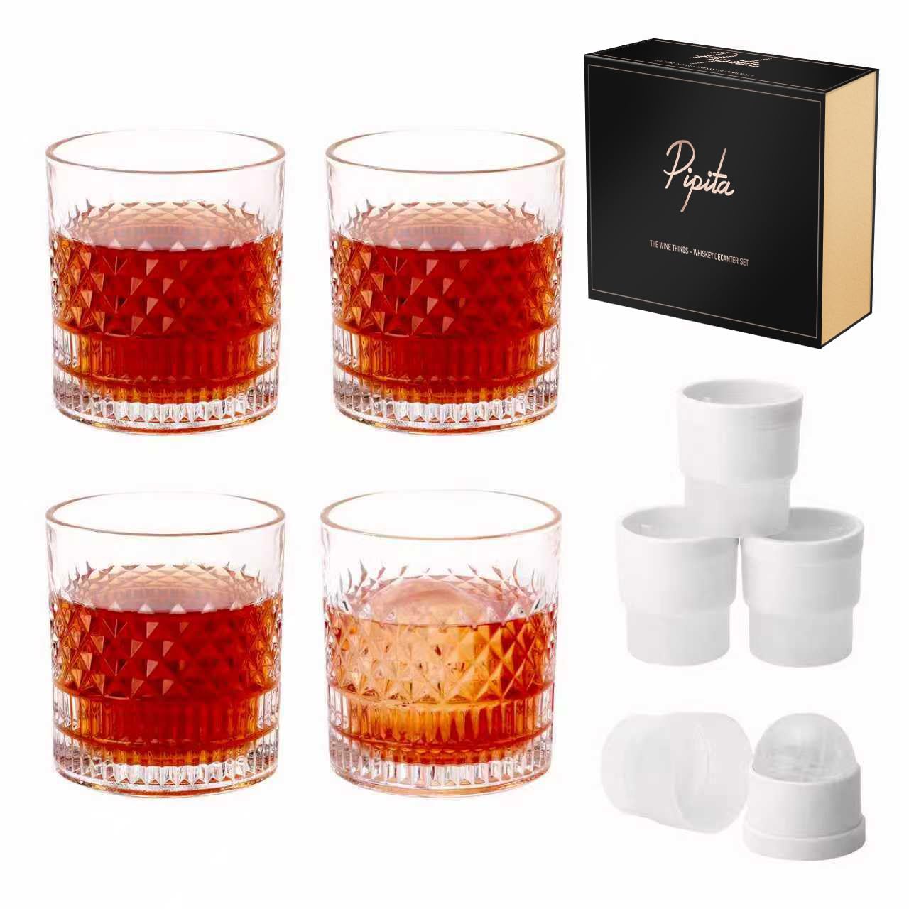 PIPITA Crystal Whiskey Glass Set with 4 Ice Ball molds and a Luxury Box, No-Lead Whiskey Tumbler Crystal 335 ml,Old Fashioned Whisky Glass Gift Sets for Men