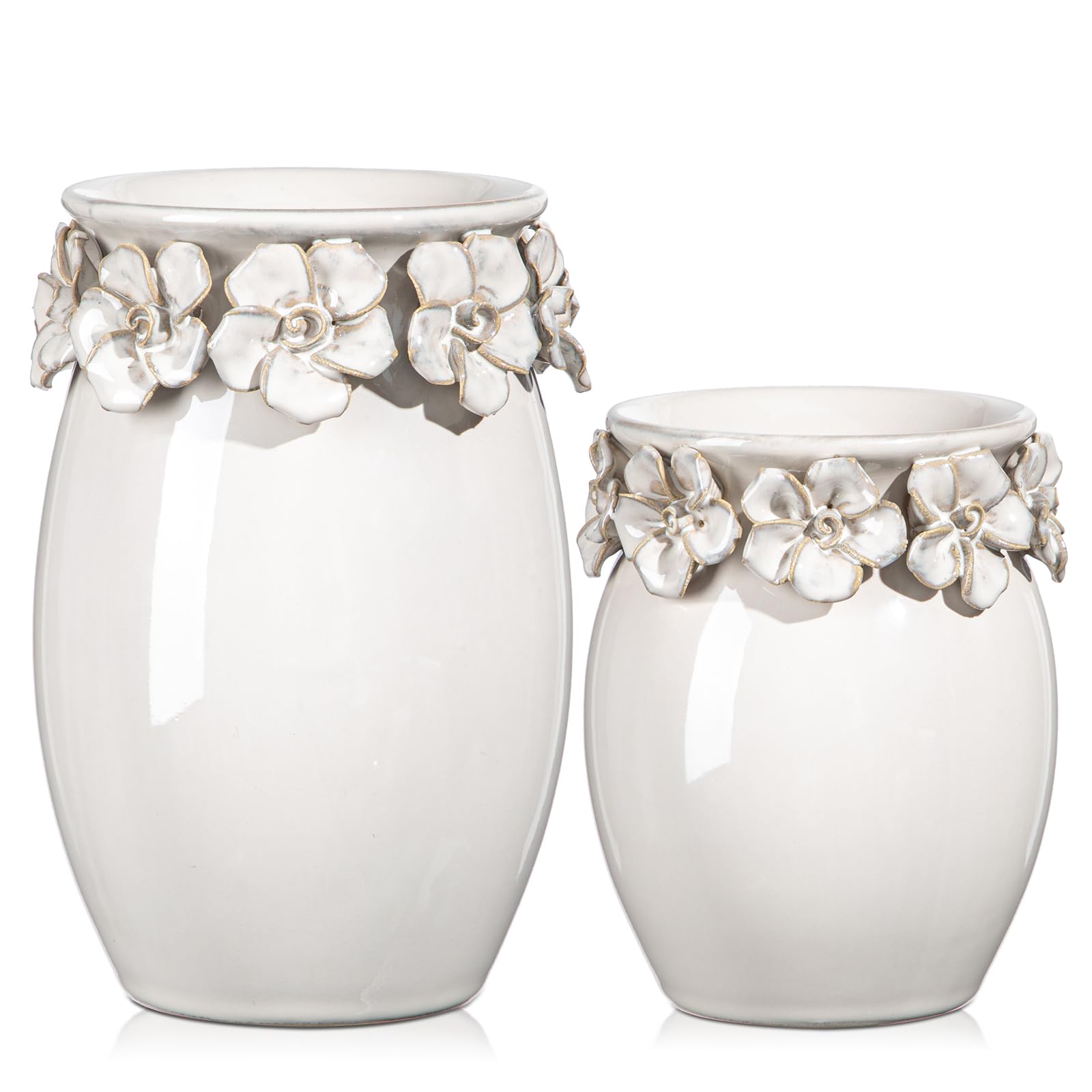 Oairse Ceramic Flower Vase Set of 2 Boho White Vase for Flowers Modern Decorative Vases for Pampas Grass, Vases Décor for Wedding Party Home Office Table Desk Shelf Decoration, 17cm +14cm