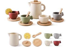 YOUUYS Enchanting Wooden Tea Party Set - Silicone Teapot, Cups & Carrying Scoop - Perfect for Little Girls' Tea Party & Kitchen Play - Toddler Gift