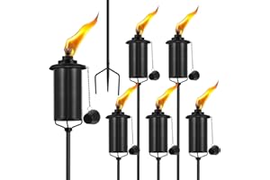 FAN-Torches Home Garden Torch Set of 6, 16oz Outdoor Metal Torch Garden Décor, 59-Inch Upgraded Citronella Torches with 3-Prong Grounded Stake, Metal Light Torches for Party Patio Pathway
