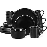 Plates and Bowls Sets for 4 - CJDC-QUELO 16 Piece Stoneware Dinnerware Sets with Mugs, Ceramic Dishware Sets for Kitchen Dining Use, Chip and Scratch Resistant Microwave Dishwasher Safe, Black