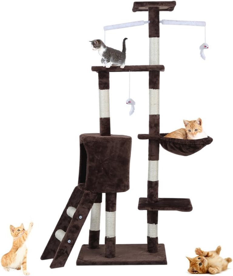 Blackpoolaluk Multi Cat Tree Stable Cat Scratch Posts Function Cat Climbing Tower Toys with Cat Home for Indoor/Outdoor Cats Activity (150cm - Brown)