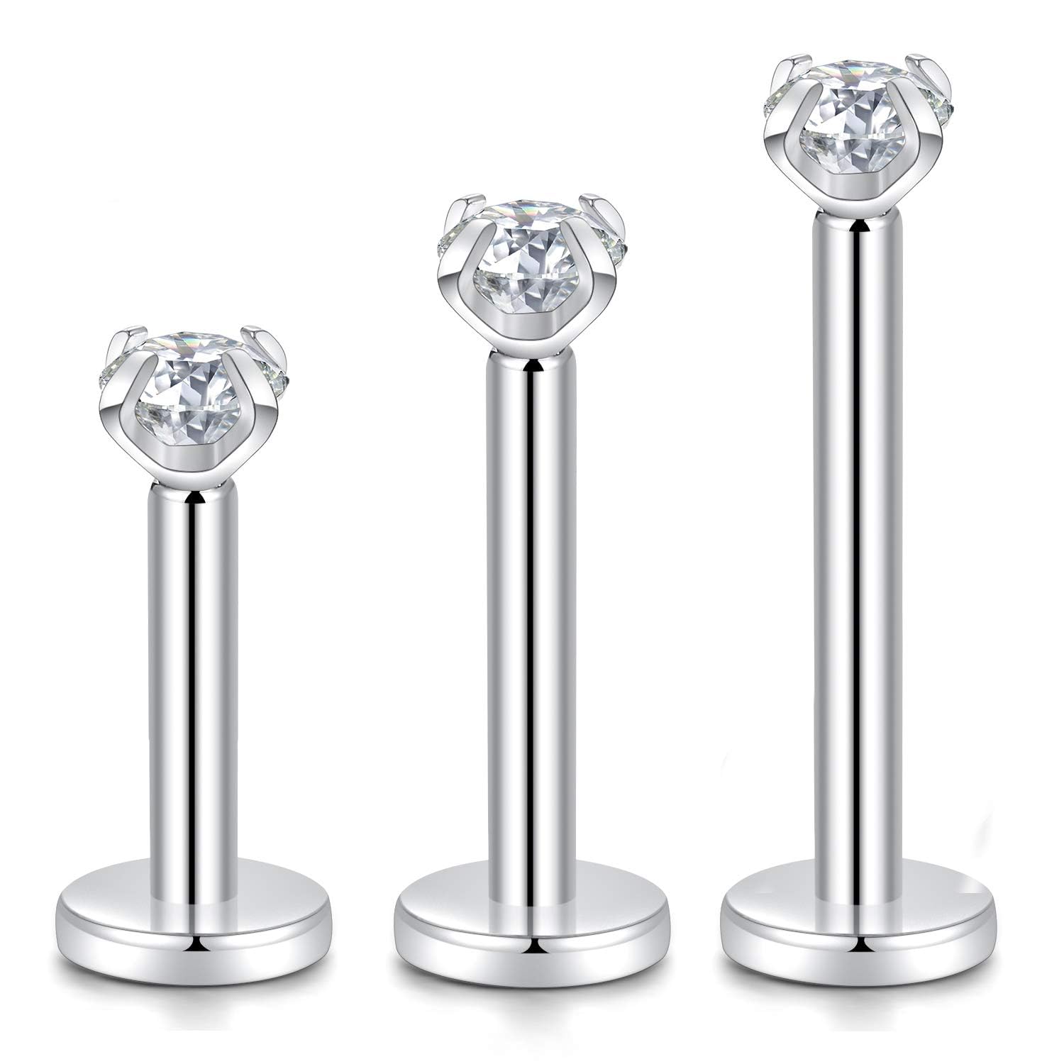 hengkaixuan G23 Titanium 16G 3mm Clear CZ Internally Threaded Labret Monroe Lip Studs Helix Cartilage Tragus Earring Piercing