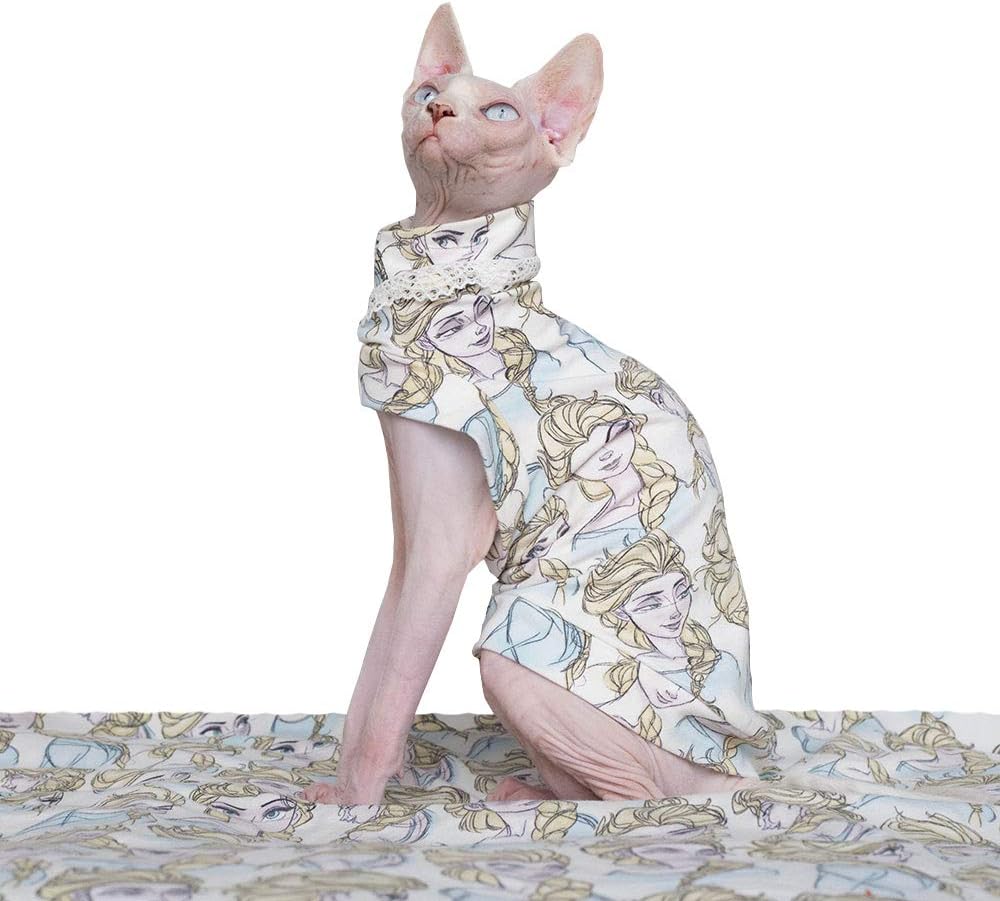 Khemn LUXURY 丨HANDMADE 丨100% Cotton Frozen Elsa Print Cat Shirt -Best for Hairless Cat (S)