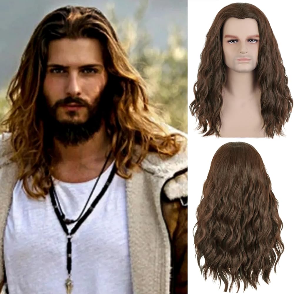 PORSMEER Men's Dark Brown Long Curly Cosplay Wig for Aquaman Arthur Halloween Costume Party/70s 80s Rocker Male Cosplay — image 1