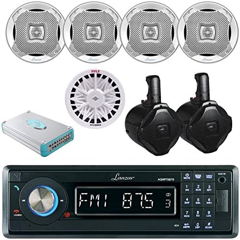 Lanzar AQMP70BTB Single DIN In Dash Bluetooth AUX USB MMC SD MP3 Boat Receiver, 4x Lanzar AQ5CXS 5.25" Silver Speakers, Lanzar AQWB65B 6.5-Inch Wake Board Tower Speakers, 8 Ch Amplifier, 8" Subwoofer