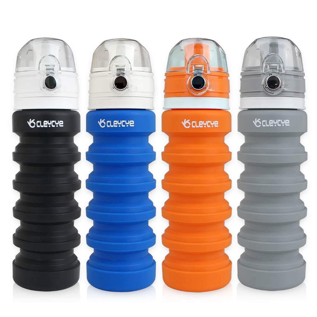 CLEYCYE Collapsible Water Bottle Portable - BPA Free Silicone Foldable Water Bottle for Travel, Sports, Outdoor and Gym, 18 oz Leakproof Lightweight Water Bottle with Carabiner for Kids/Adult, Black