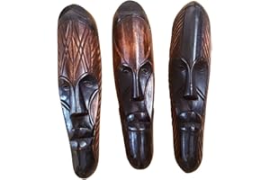 Novarena African Art Cameroon Gabon Fang Wall Masks and Sculptures - Africa Home Mask Decor (3 Pc Black & Brown 12 Inch Fang Mask)