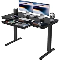 FEZIBO Glass Standing Desk with Drawer, 48 x 24 Inch Height Adjustable Electric Desk with One-Piece Tabletop and USB Ports, B