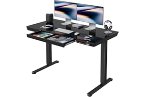 FEZIBO Glass Standing Desk with Drawer, 48 x 24 Inch Height Adjustable Electric Desk with One-Piece Tabletop and USB Ports, B