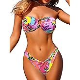ChiaoLezhee Women's Bandeau Tie-Back Bikini Sets, Cheeky Thong Swimsuits, Cute Floral Bathing Suit