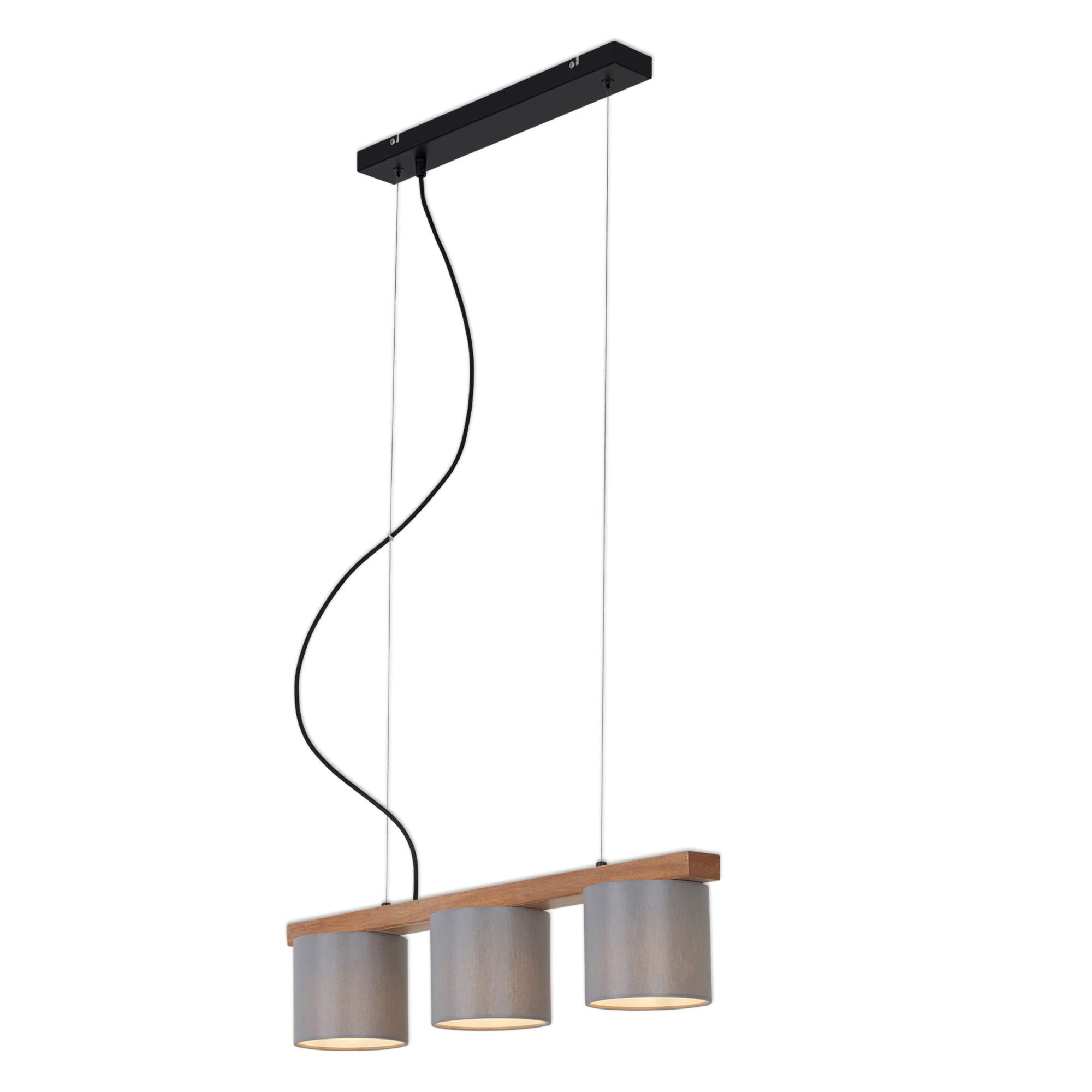 BRILONER Leuchten - Hanging Light, Suspended lamp, Retro, Vintage, Height-Adjustable, 3 x E14, up to 25 watts, Metal and Wood inc. Grey Fabric Shade, 650 x 150 x 1360 mm (L x W x H)
