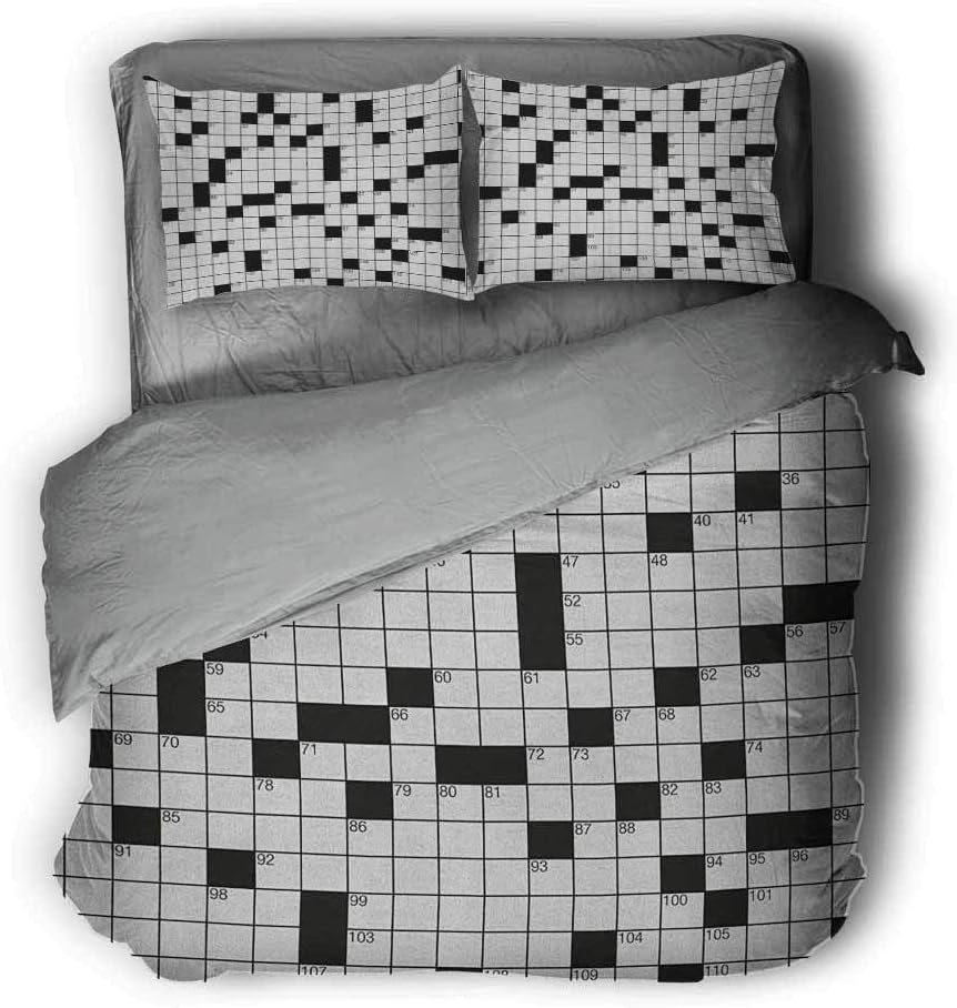 Luoiaax Word Search Puzzle 3-Pack (1 Duvet Cover and 2 Pillowcases) Bedding Classical Crossword Puzzle with Black and White Boxes and Numbers Polyester (Full) Black and White