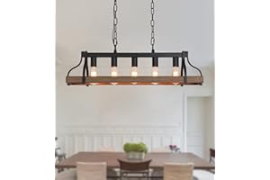 MEIXISUE Rustic Kitchen Island Dining Room Light Fixture Farmhouse Linear Chandelier Black and Retro Wood Finish 5-Light Industrial Metal Hanging Pendant Light UL Listed L33.5 W10.6