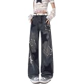 Lafaguw Star Jeans for Women Girls High Waisted Cute Patchwork Y2K Pants | Girls Baggy Jeans,Women Preppy Y2K Pants,Loose Straight Leg,Frayed Star Patchwork,Retro Washed