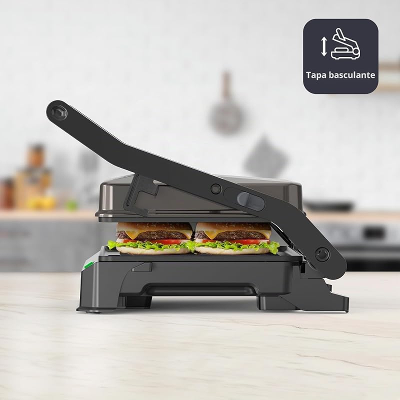 - Parrilla Grill 1000W, Apertura 180°, Antiadherente, Plancha