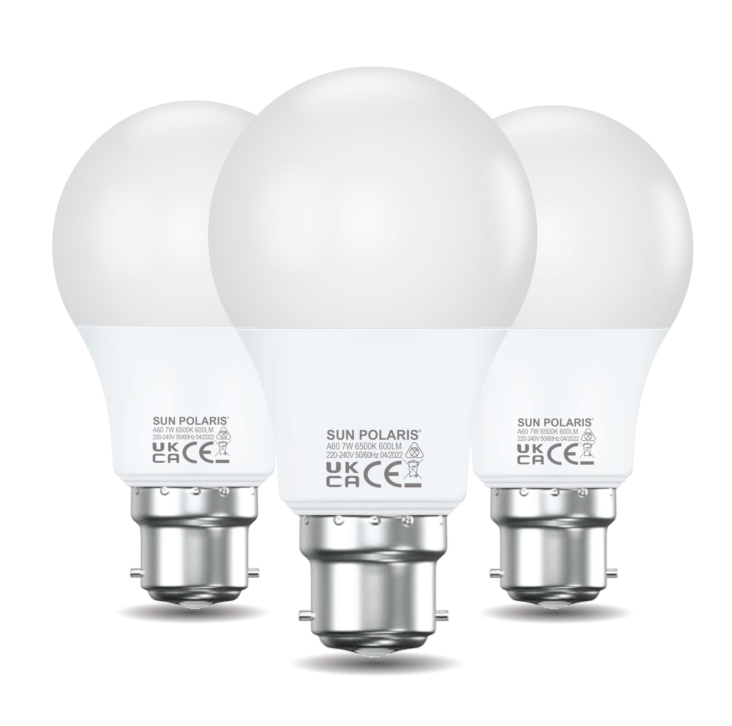 SUN POLARIS Bayonet Led Light Bulb – Daylight 6500k 50w Equivalent 7 watt Lightbulbs, 600 Lumen Non Dimmable Energy Saving BC B22 Fitting Lightbulb, Extra Natural White Standard GLS Bulbs Pack of 3
