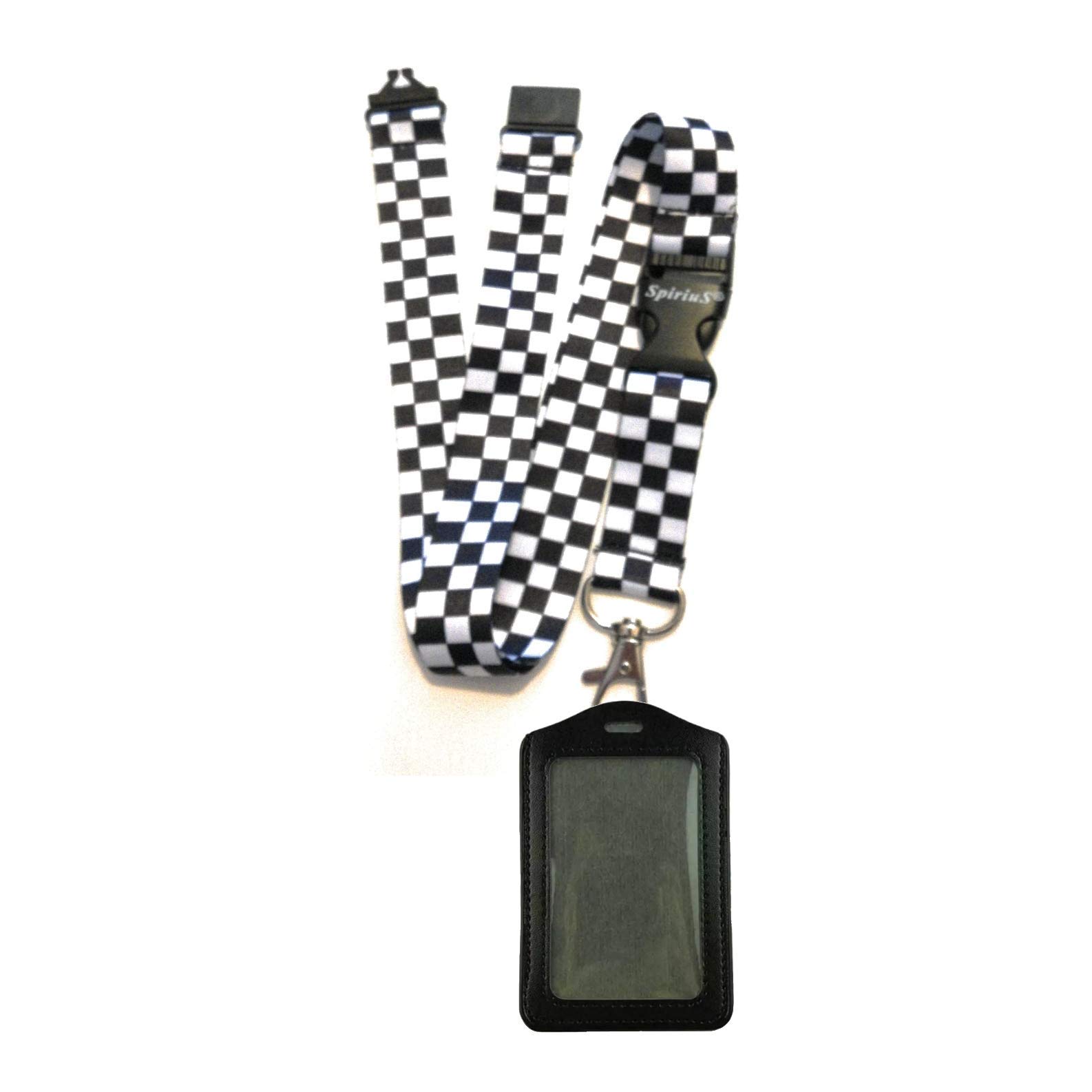 SPIRIUS Lanyard Neck Strap with Safety Clip + Black PU Leather Vertical ID Badge Holder Key Holder (Checker Plaid + Black ID Holder)