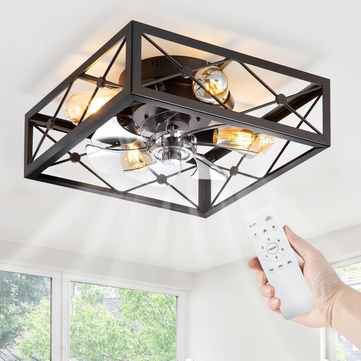 Photo 1 of LEDIARY Caged Flush Mount Ceiling Fans with Lights and Remote, Black Square Rustic Low Profile Ceiling Fan, 6 Speed and Reversible, Small Farmhouse Bladeless Ceiling Fan for Bedroom, Kitchen, Indoor