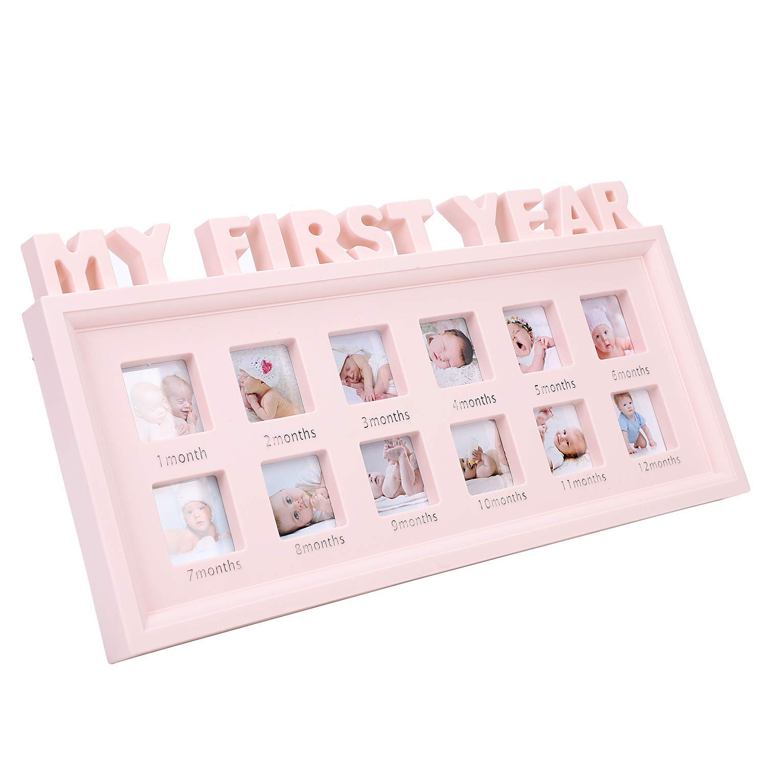 Newborn Baby Keepsake Photo Frame My First Year Moments Keepsake Girls Boys Memorable Picture Frame 1-12 Months Multi Picture Display Kit Baby Shower Birthday Memories Christening Xmas Gift (pink)