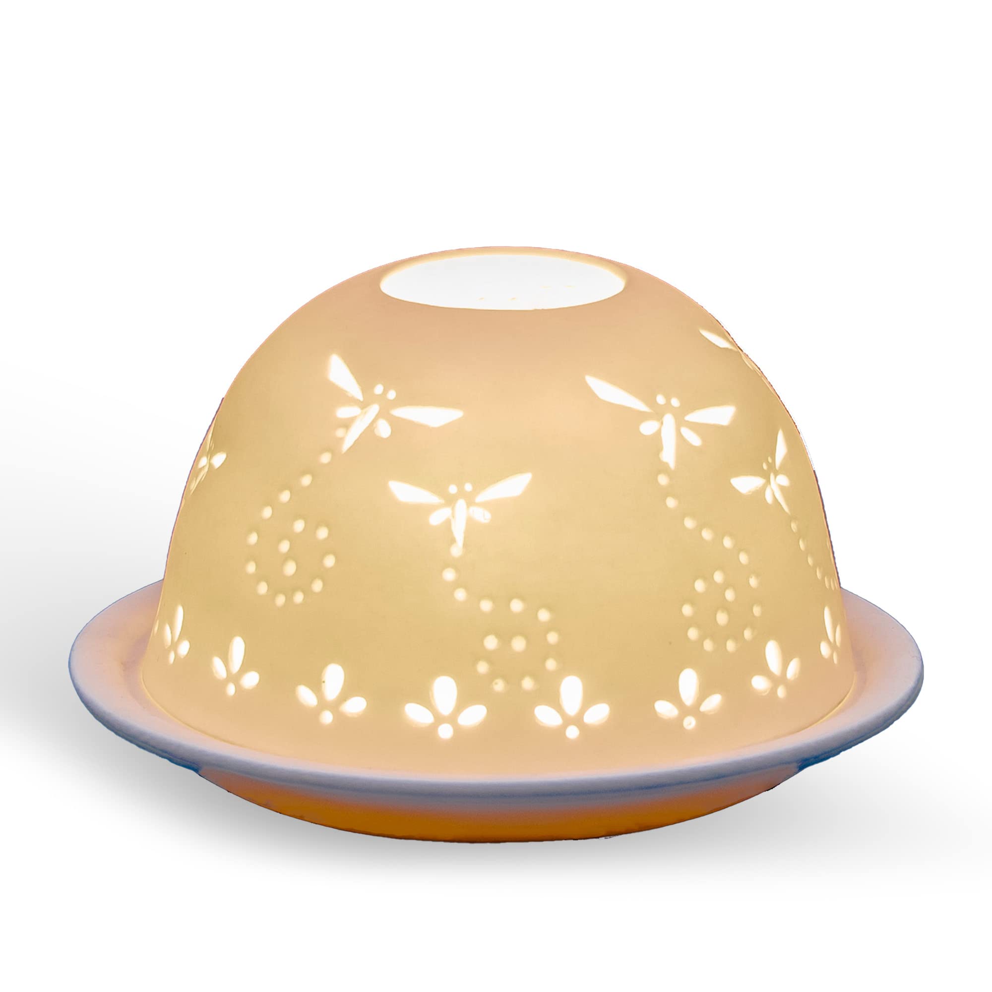 Porcelain Candle Holder in a Dragonflies design Tealight Holder | Handcrafted | Dome-shaped | Unglazed Finish in White