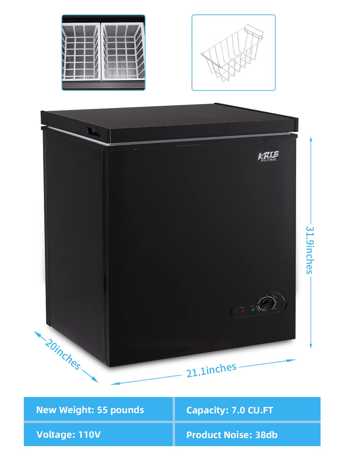 KRIB BLING Chest Freezer 7.0 cu.ft Mini Adjustable 7 Thermostat Compact Deep Freezer Top Door Low Noise with Removable Basket Black