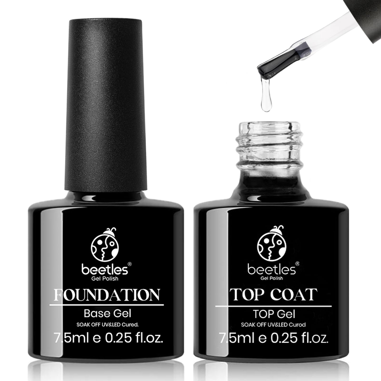 Beetles Gel Polish No Wipe Top and Base Coat Set, 2pcs 7.5ml Clear Glossy Shine Finish Long Lasting Soak Off LED Lamp Nail Polish