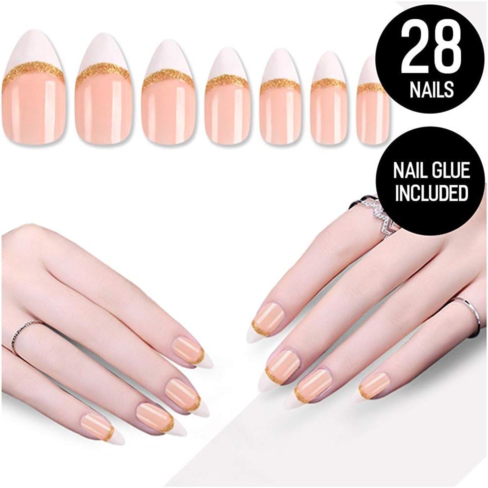 Tip Beauty White Gold Nail Kit, French Twist, Faux Nails for Women, Fake Nails for Kids, Glue on Nails, Instant Nails for Ladies, False Nails with Glue - MSRP $18